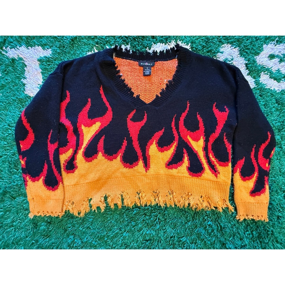 Runway Flame Knit Sweater Mens M Black Red Orange Excellent Distressed V-Neck